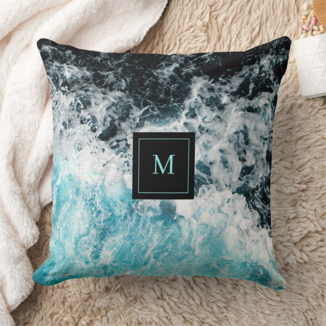 Coussin Blue Black Ocean Waves Hawaii Monogramme (Couverture)