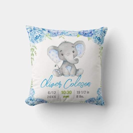 Coussin Blue Elephant Baby Boy Statistiques Petite Pépiniè (Recto)