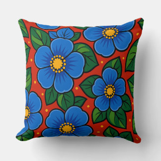 Coussin Blue Flowers and Green Leaves on a Red Background