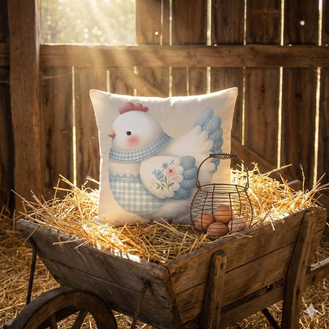 Coussin Blue Gingham Cottage Hen (Blue Gingham Cottage Hen Throw Pillow Mockup C)
