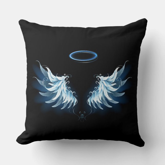 Coussin Blue Glowing Angel Wings on black background (Recto)