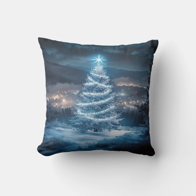 Coussin Blue Glowing Winter Night Christmas Tree (Recto)