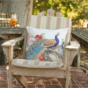 Coussin Blue Gold Feather Peacock Bird Floral Patio