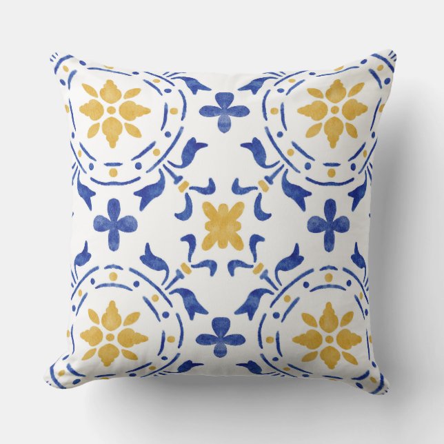 Coussin Blue & Gold Mediterranean Throw Pillow (Recto)