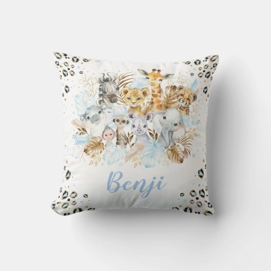 Coussin Blue Gold Tropical Jungle Safari Animaux Nursery (Recto)