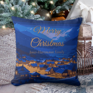 Coussin Blue Gold Village d'hiver Noël en famille