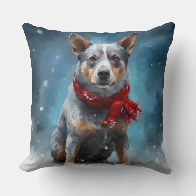 Coussin Blue Heeler dans la neige de Noël (Recto)