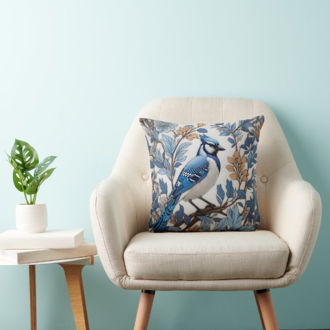 Coussin Blue Jay Bird Bleu Élégant Floral (Chaise)