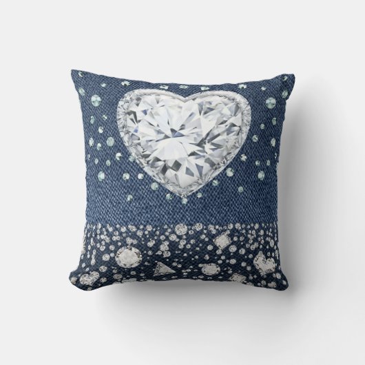 Coussin Blue Jean Denim & Diamonds Bling Diamond Heart (Recto)