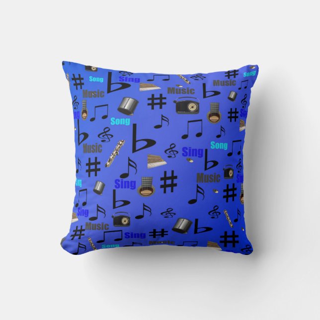 Coussin Blue Musical Notes and Instruments (Recto)
