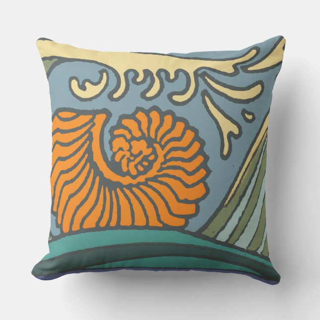 Coussin Blue Ocean Waves Nautilus Seashell Motif Nouveau (Recto)