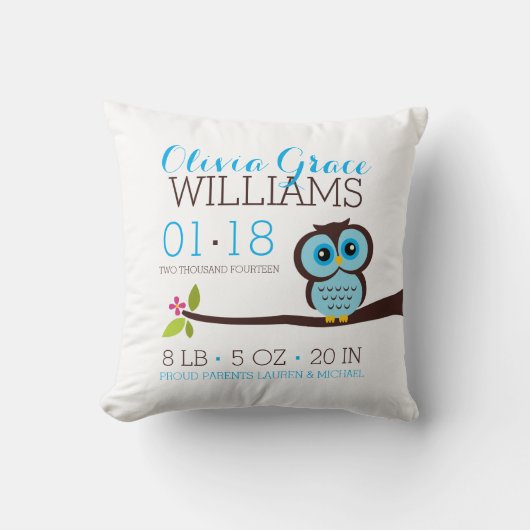Coussin Blue Owl Baby Faire-part de naissance (Recto)