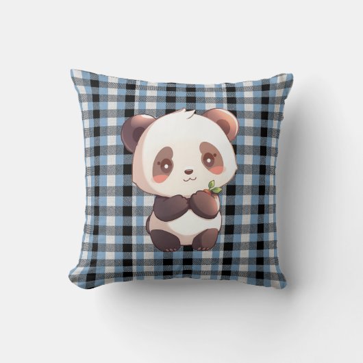 Coussin Blue Plaid Panda Throw Pillow (Recto)