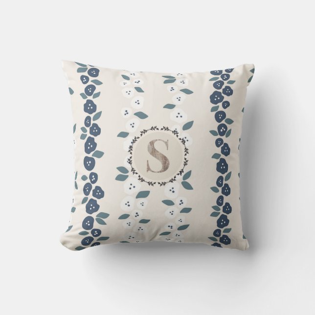 Coussin Blue Tan Floral Monogramme Ferme Vintage (Recto)