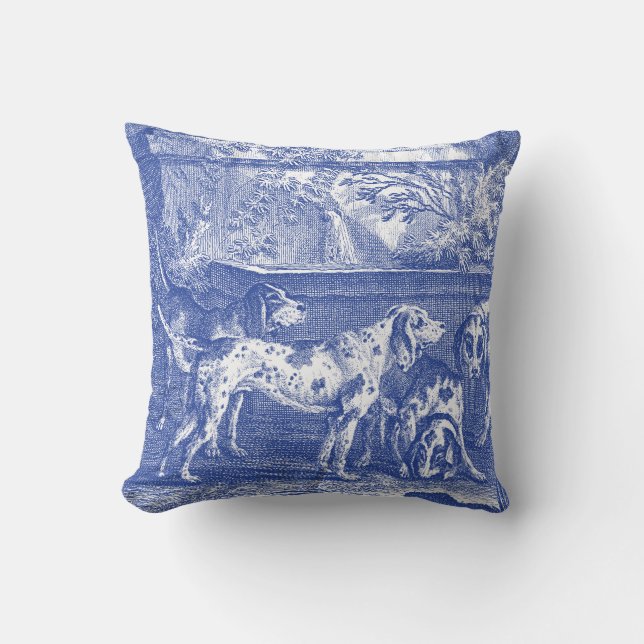 Coussin Blue Toile de Jouy Chasse Chiens en Campagne (Recto)