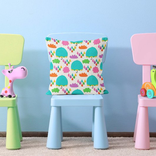 Coussin Blue Umbrellas with Clouds and Raindrops