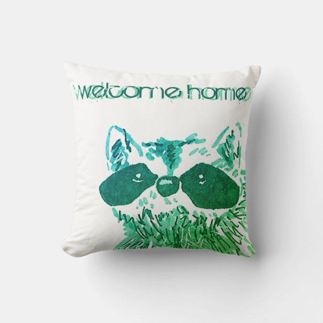 Coussin Blue Welcome Accueil Bois Animal Raccoon (Recto)