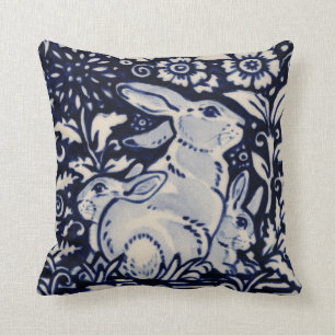 Coussin Blue White Rabin Famille Lièvre Bunny Chinoiserie