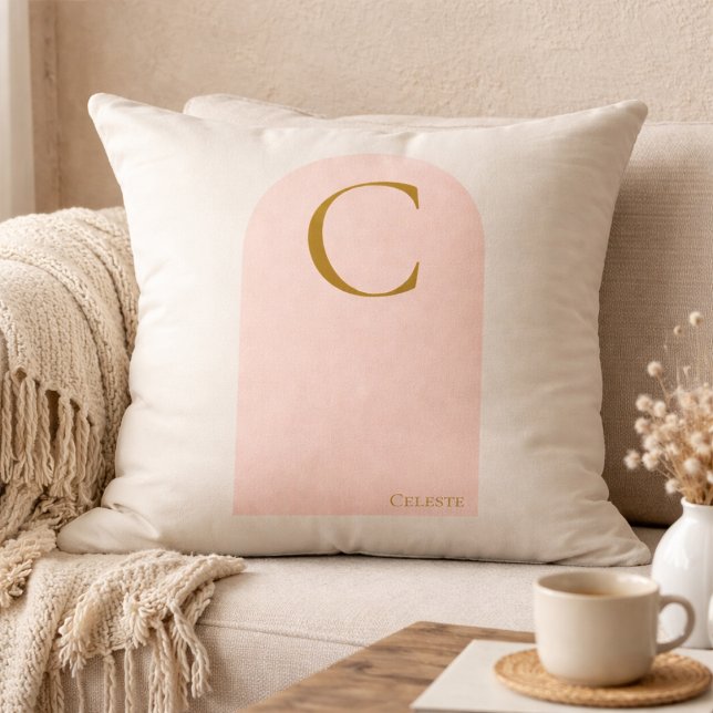 Coussin Blush Arch Monogram Throw Pillow (Soft ivory meets blush arch detail, finished with a gold serif monogram for refined neutral living.)