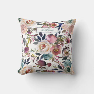 Coussin Blush Crème Rose Floral Aquarelle Personnalisée Vi