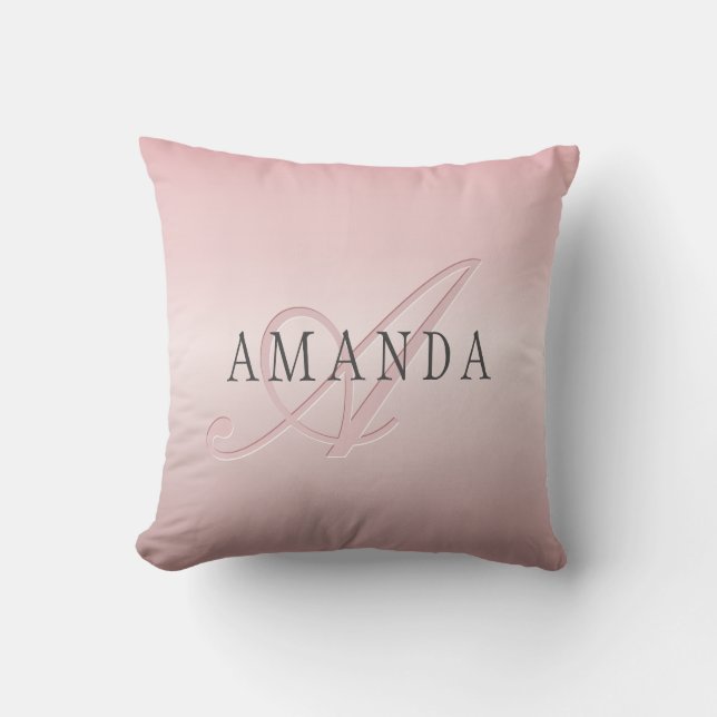 Coussin Blush Élégant Faux Or Rose | Nom & Monogramme (Recto)