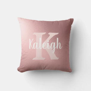 Coussin Blush métallisé élégant Monogramme Nom Blanc Rose
