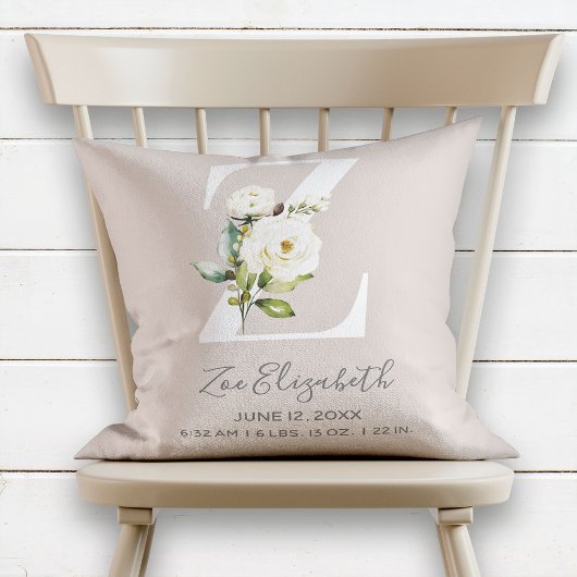 Coussin Blush Pink Floral Letter Z Baby Script Birth Stats