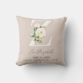 Coussin Blush Pink Floral Letter Z Baby Script Birth Stats (Recto)