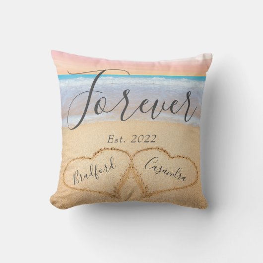 Coussin Blush Rose Chic Plage Couple Cœurs Sable  (Recto)