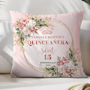 Coussin Blush Rose Floral Eucalyptus Quinceañera Objet de