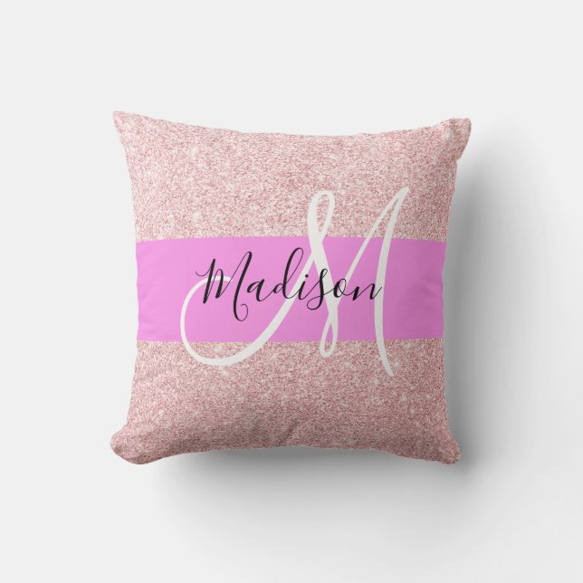 Coussin Blush Rose Glitter Monogramme Rose Doré Pailleté (Recto)