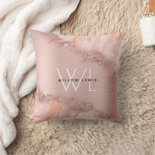 Coussin Blush Rose Gold Monogramme Géode en Agate Pailleté