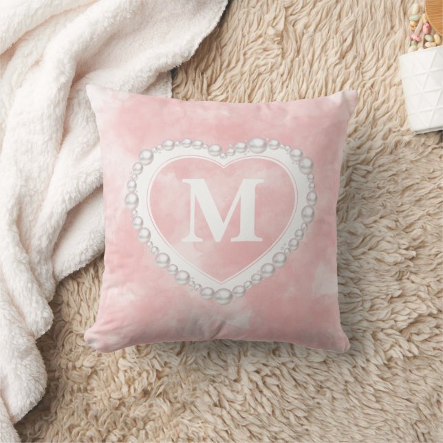 Coussin Blush Rose Monogramme Coeur Perle Aquarelle  (Couverture)