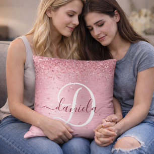 Coussin Blush Rose Monogramme Personnalisé en Métal Paille
