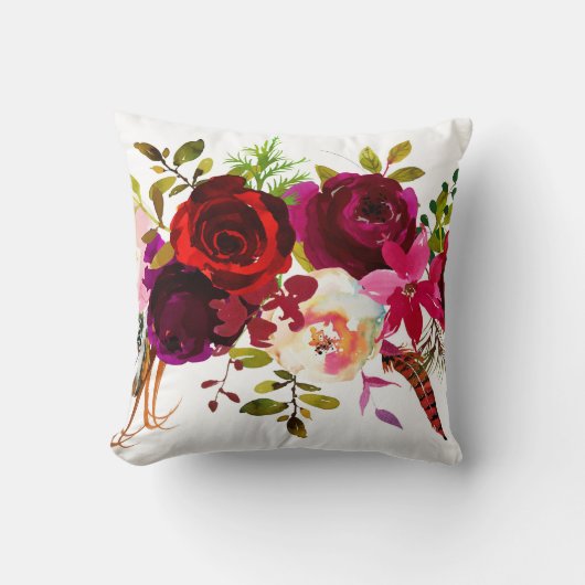 Coussin Bohème Bourgogne Marsala Rouge Blanc Rose Floral (Recto)