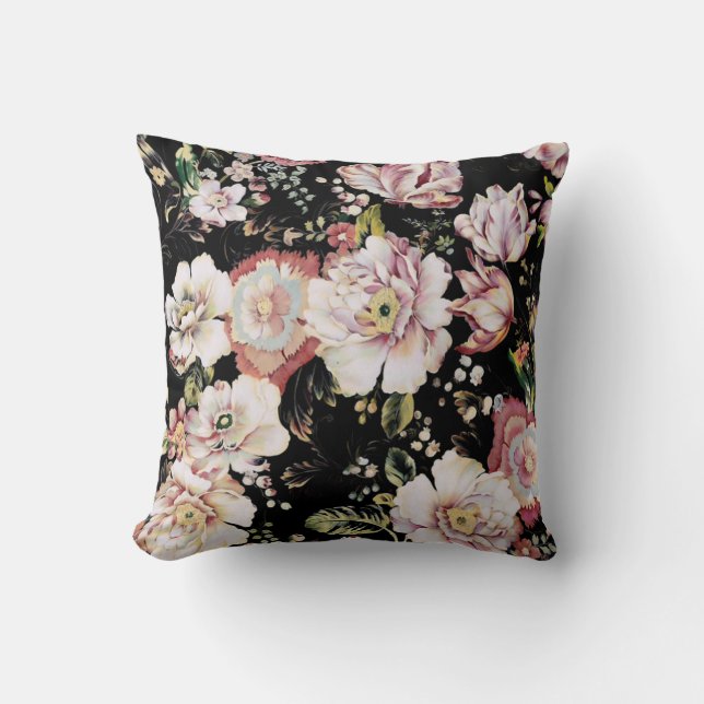 Coussin bohème france chic noir floral (Recto)
