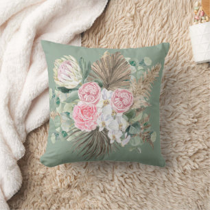Coussin Bohème Rustique Floral Rose Evergreen Pampas Verdu