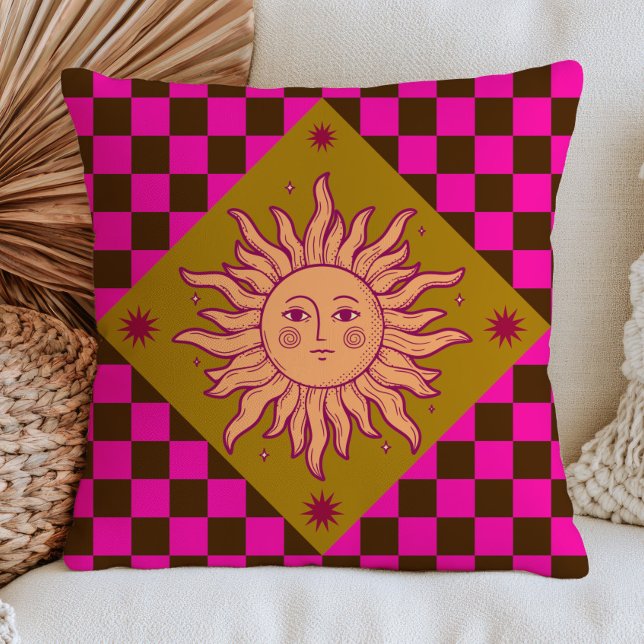 Coussin Bohemian Sun Face on Fuchsia Checkered Pattern (Créateur téléchargé)