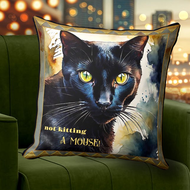Coussin Boho Artiste Funny Chat Animal Art (Boho artistic funny cat lovers pillow featuring a watercolor painting of a cute black cat)