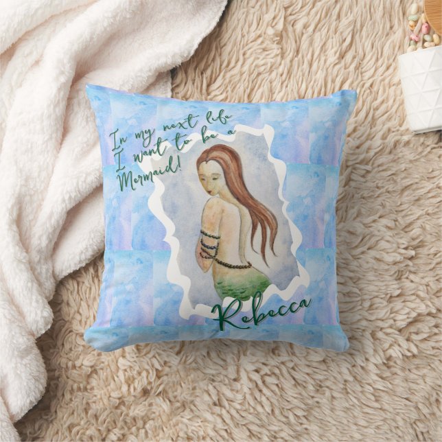Coussin Boho Beach Mermaid Blue Ocean Watercolor Custom  (Couverture)