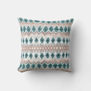 Coussin Boho Beach Turquoise Pêche Gris Chevron Diamond Mo