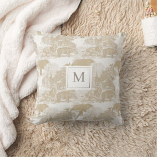 Coussin Boho Beige Animaux Chinoiserie Baby Boy Monogramme
