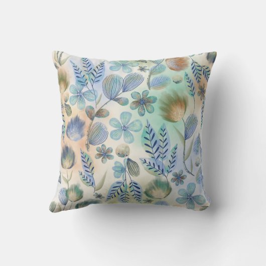 Coussin Boho Bleu Vert Whimsical Floral Botanique (Verso)