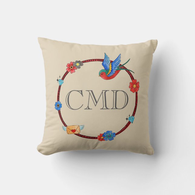 Coussin Boho Bluebird Monogramme (Recto)