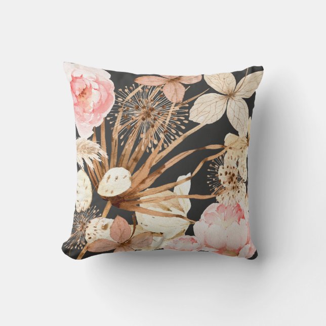 Coussin Boho Blush Crème rose Brown Aquarelle Florale (Recto)