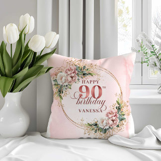 Coussin Boho Blush Pink Floral 90th Birthday Pillow