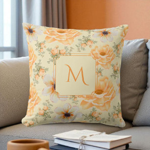 Coussin Boho Botanique Aquarelle Crème Orange Floral
