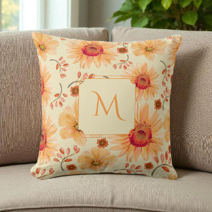 Coussin Boho Botanique Aquarelle Crème Orange Floral