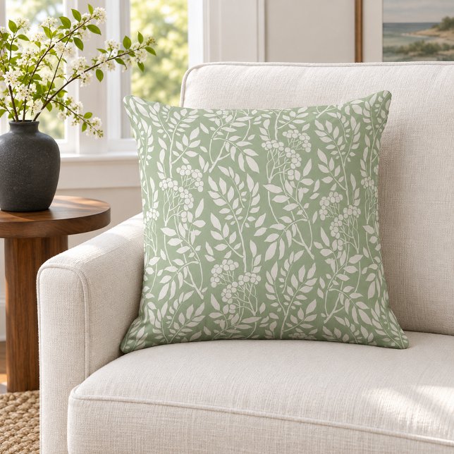 Coussin Boho Botanique Blanc Feuillage Sage Vert (Créateur téléchargé)