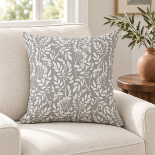 Coussin Boho Botanique Feuillage Blanc Gris